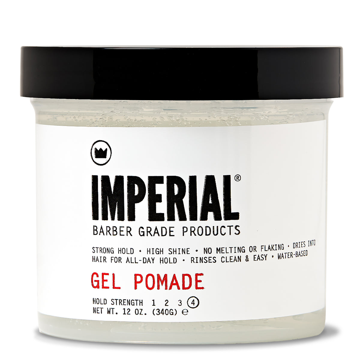Front view of Imperial Barber Grade Products Gel Pomade in a clear 12 oz tub, labeled hold strength 4 with strong hold and high shine.