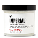 Front view of Imperial Barber Grade Products Gel Pomade in a clear 12 oz tub, labeled hold strength 4 with strong hold and high shine.