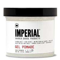 Front view of Imperial Barber Grade Products Gel Pomade in a clear 12 oz tub, labeled hold strength 4 with strong hold and high shine.