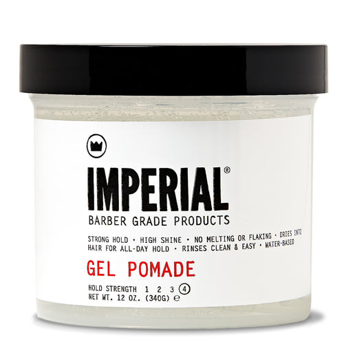 Front view of Imperial Barber Grade Products Gel Pomade in a clear 12 oz tub, labeled hold strength 4 with strong hold and high shine.
