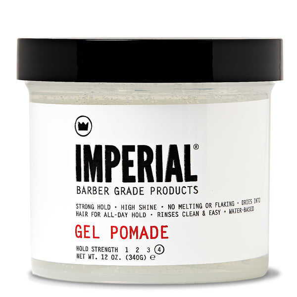 Front view of Imperial Barber Grade Products Gel Pomade in a clear 12 oz tub, labeled hold strength 4 with strong hold and high shine.