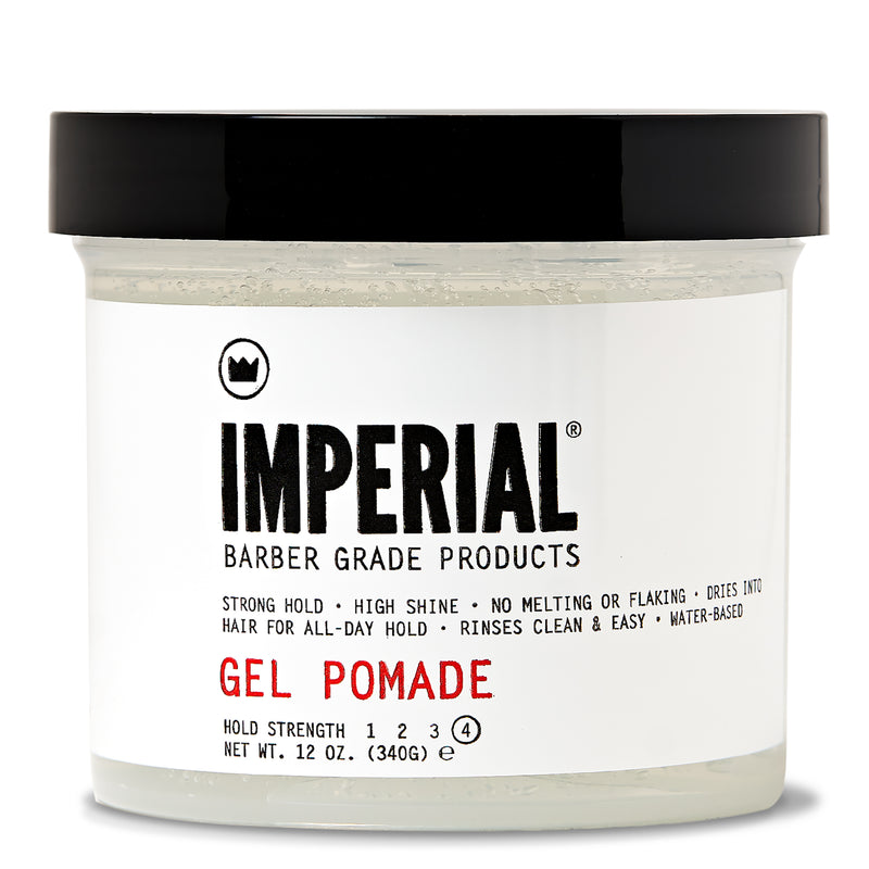 Front view of Imperial Barber Grade Products Gel Pomade in a clear 12 oz tub, labeled hold strength 4 with strong hold and high shine.