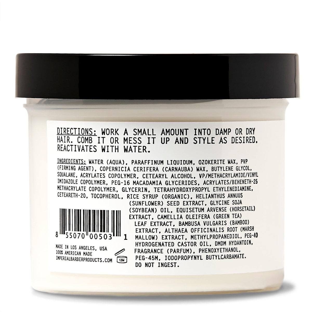 Back label of the Imperial Matte Pomade Paste 5 oz jar showing directions, full ingredient list, and a Made in Los Angeles, USA note.