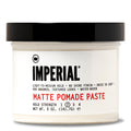 Front view of Imperial Barber Grade Products Matte Pomade Paste in a white 5 oz tub, labeled hold strength 2 with a no-shine finish.