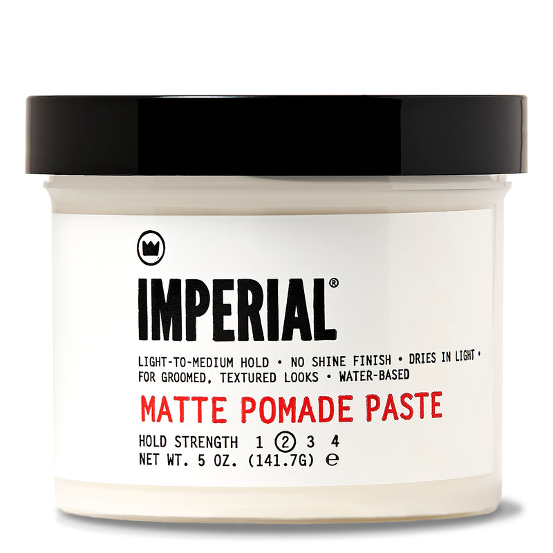 Front view of Imperial Barber Grade Products Matte Pomade Paste in a white 5 oz tub, labeled hold strength 2 with a no-shine finish.