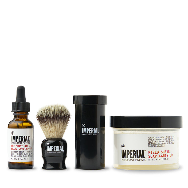 Imperial Smooth Shave Set showing Pre-Shave Oil and Beard Conditioner 1 oz, a shave brush with travel tube, and Field Shave Soap Canister 6 oz, arranged on a white background.